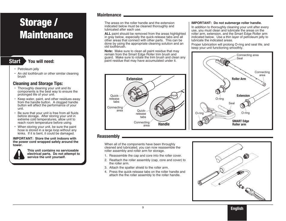 Storage / maintenance, Start, You will need | Cleaning and storage tips, Maintenance reassembly | Wagner SMART Power Roller System User Manual | Page 9 / 12