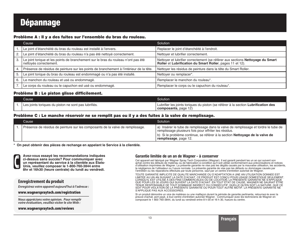Dépannage, Enregistrement du produit, Français | Wagner SMART Roller User Manual | Page 13 / 20