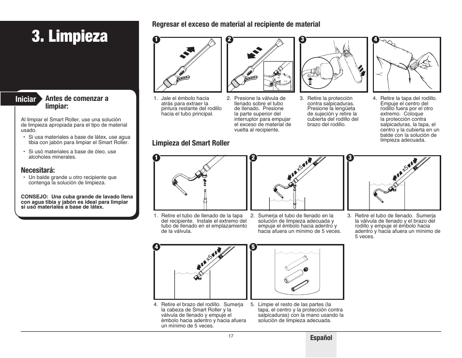 Limpieza, Iniciar, Antes de comenzar a limpiar | Necesitará | Wagner SMART Roller User Manual | Page 17 / 20