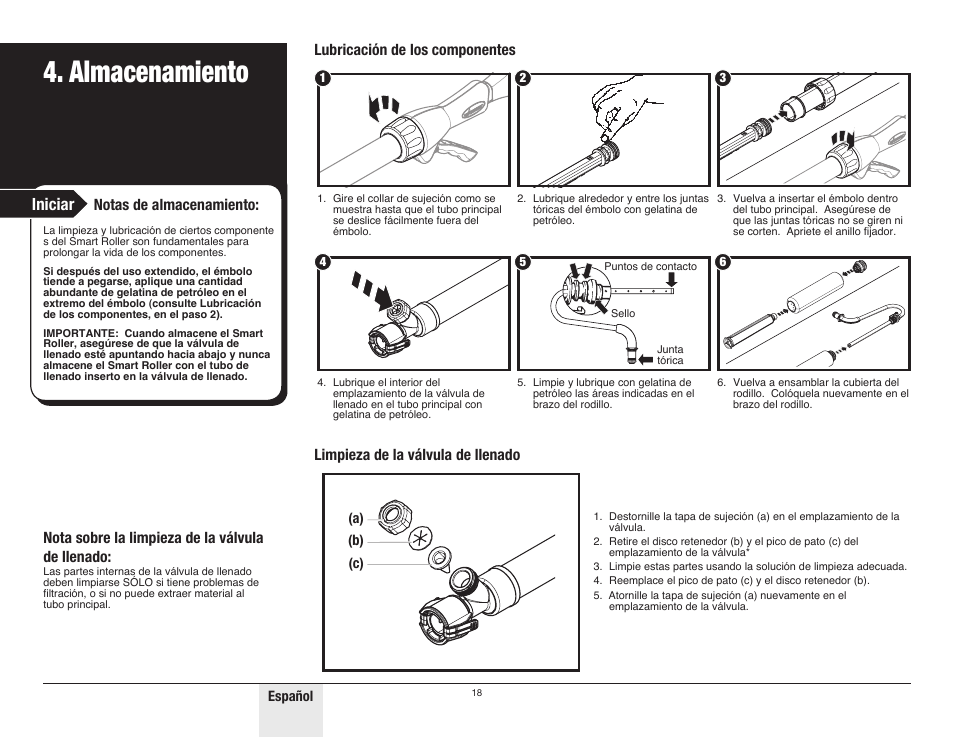 Almacenamiento, Iniciar, Nota sobre la limpieza de la válvula de llenado | Notas de almacenamiento | Wagner SMART Roller User Manual | Page 18 / 20