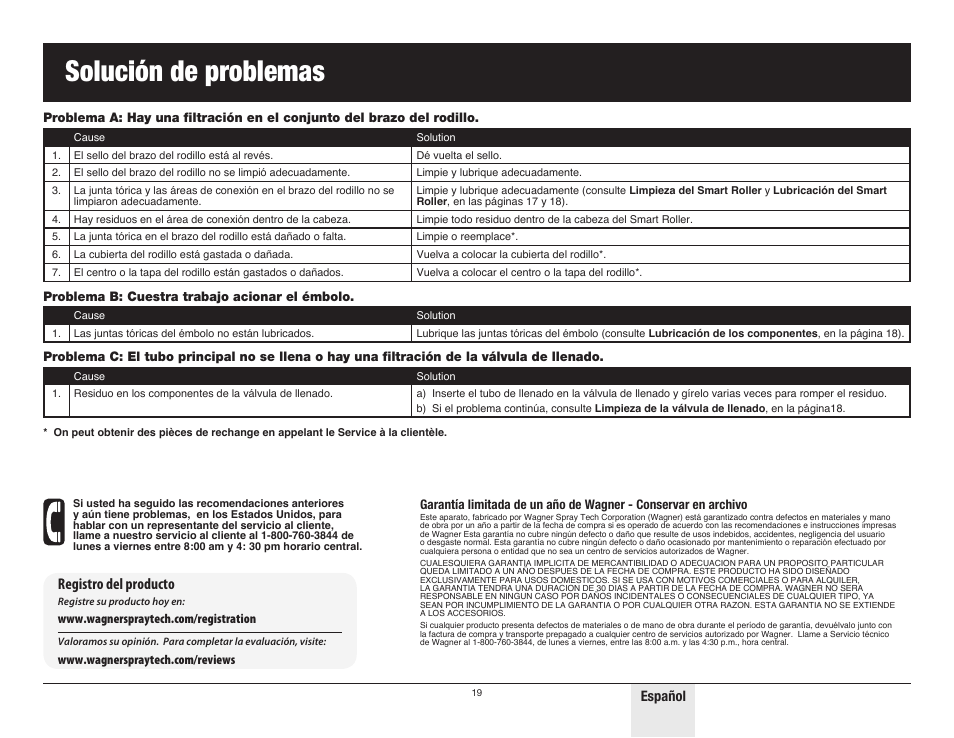 Solución de problemas, Registro del producto, Español | Wagner SMART Roller User Manual | Page 19 / 20
