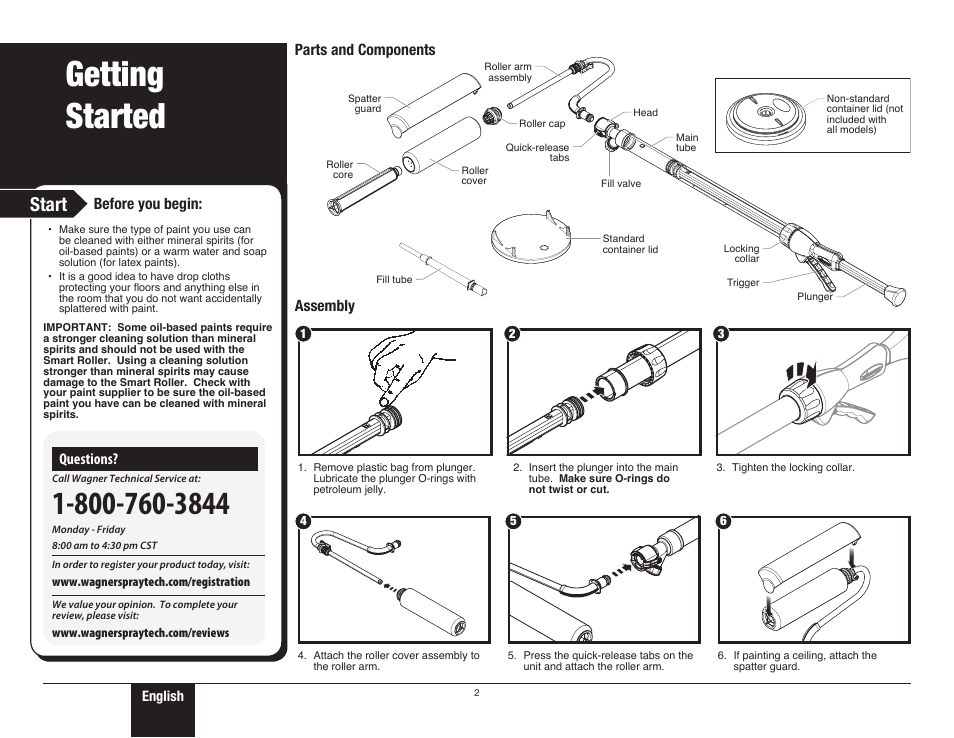 Getting started, Start, Before you begin | Parts and components assembly, Questions | Wagner SMART Roller User Manual | Page 2 / 20