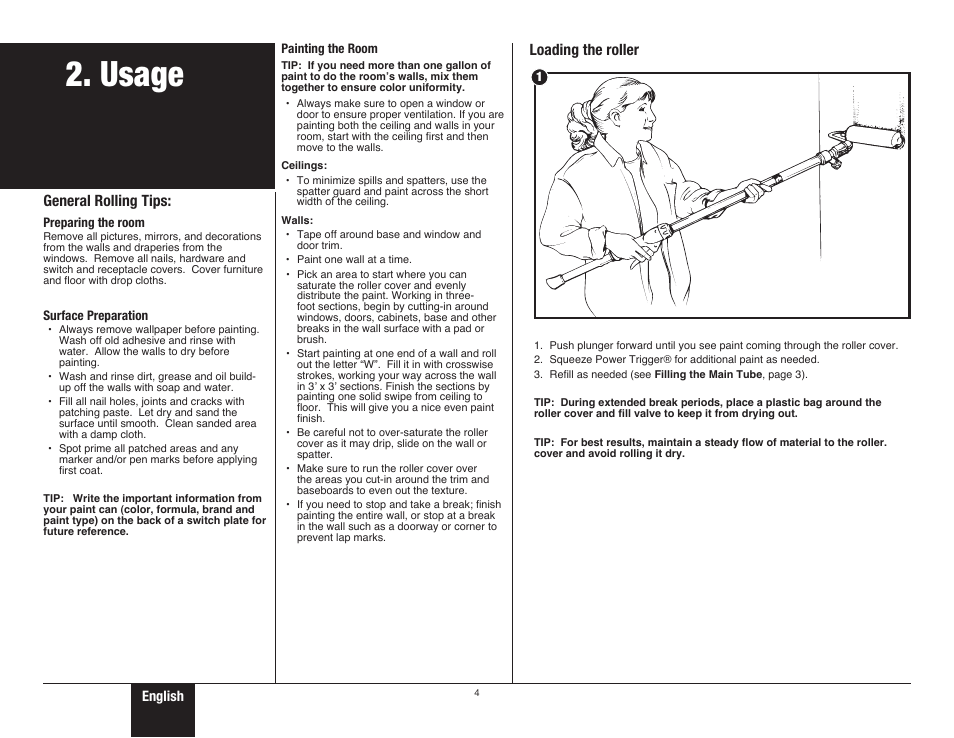 Usage, General rolling tips, Loading the roller | Wagner SMART Roller User Manual | Page 4 / 20