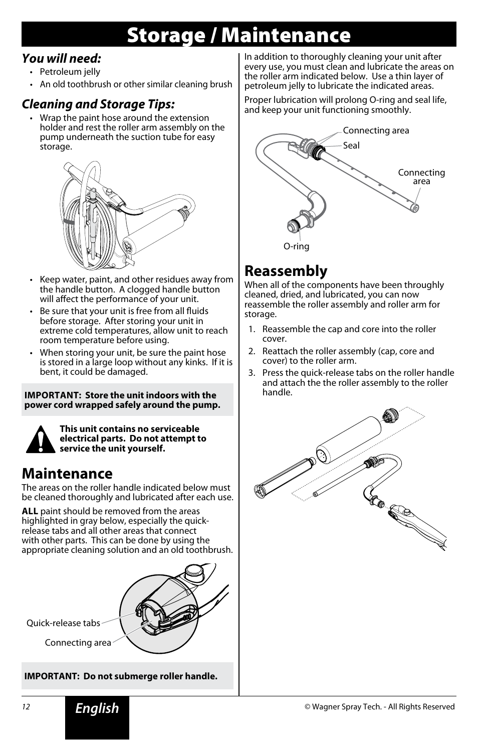 Storage / maintenance, Maintenance, Reassembly | English, You will need, Cleaning and storage tips | Wagner SMART SideKick Roller User Manual | Page 12 / 16