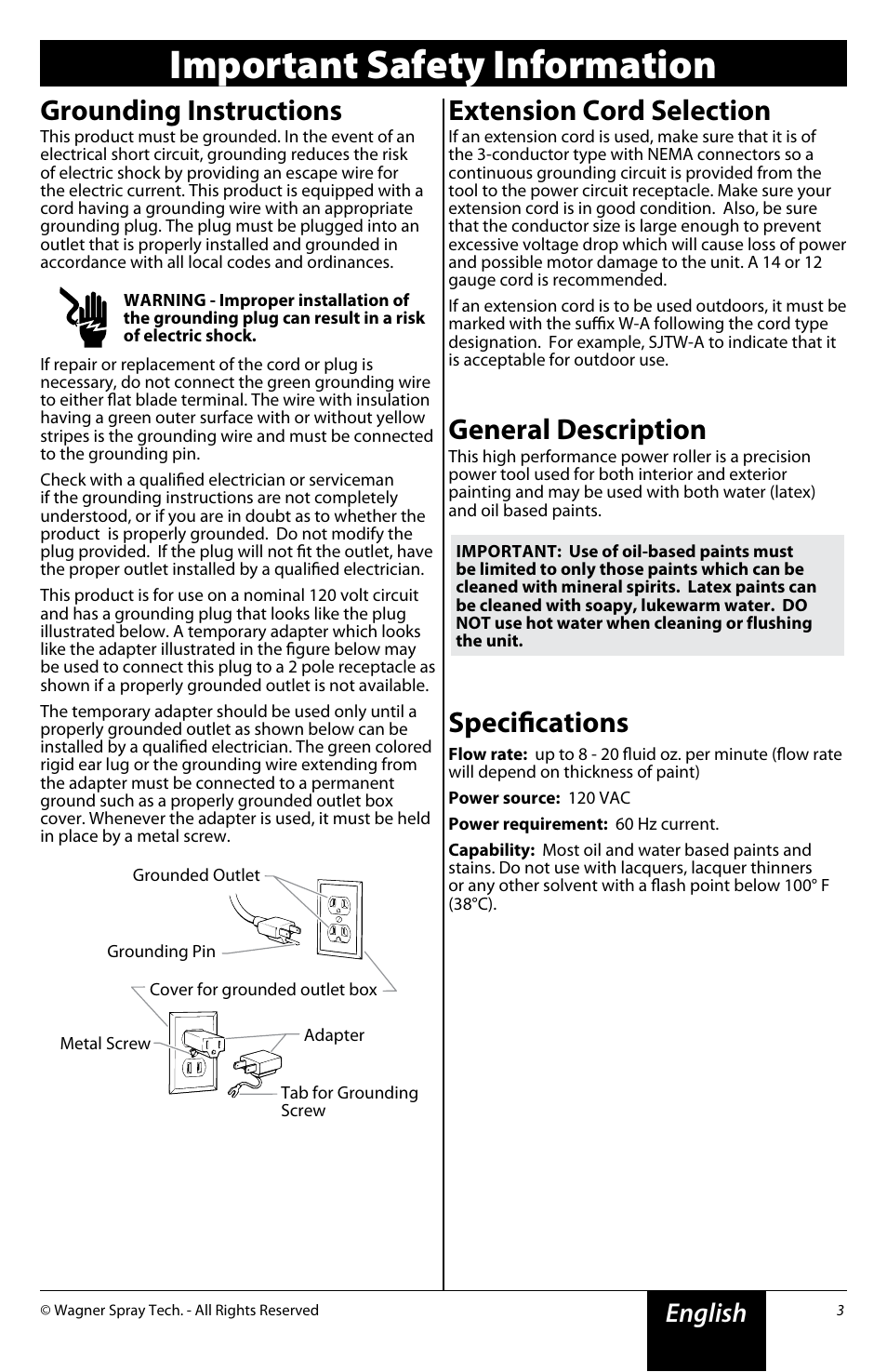 Important safety information, Grounding instructions, Extension cord selection | General description, Specifications, English | Wagner SMART SideKick Roller User Manual | Page 3 / 16