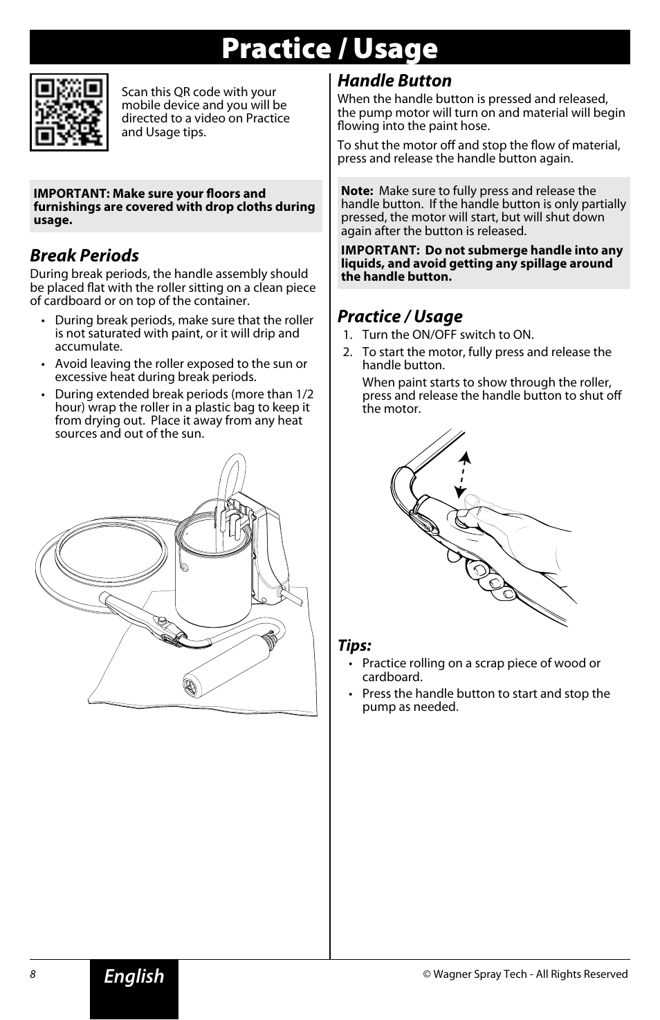 Practice / usage, English, Break periods | Handle button, Tips | Wagner SMART SideKick Roller User Manual | Page 8 / 16