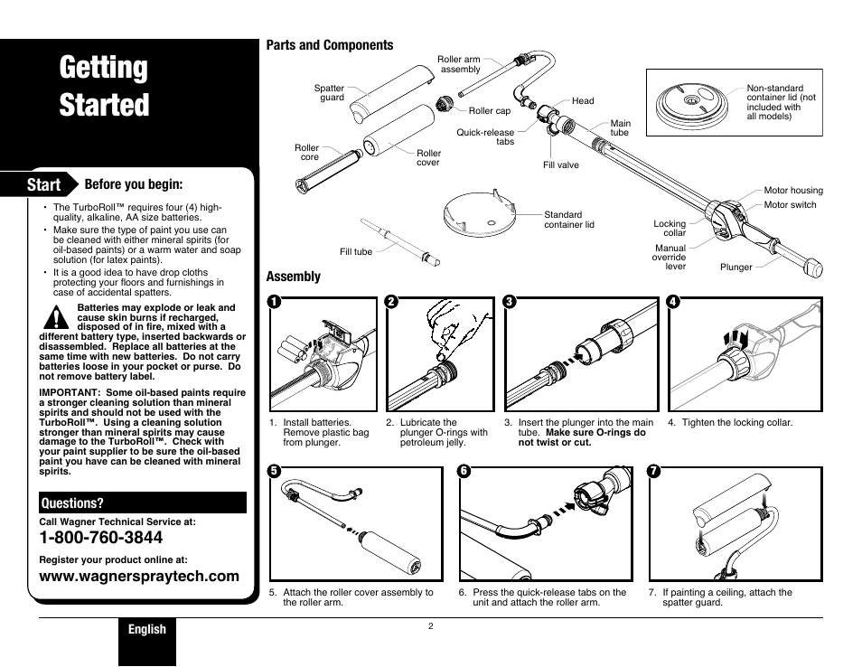 Getting started, Start, Before you begin | Questions, Parts and components assembly | Wagner TurboRoll User Manual | Page 2 / 8