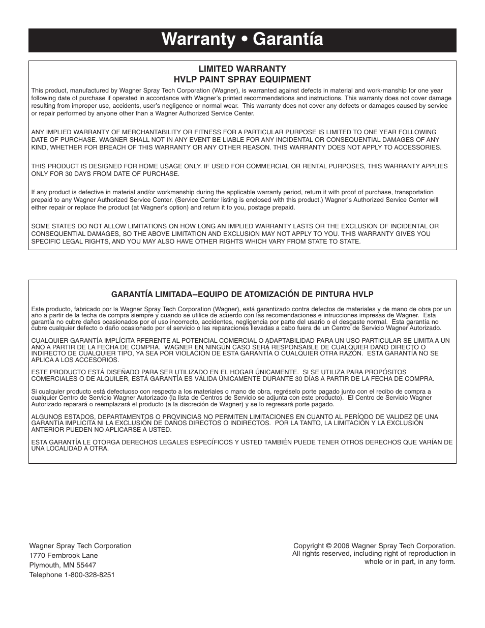 Warranty, Warranty • garantía | Wagner Control Spray User Manual | Page 10 / 10