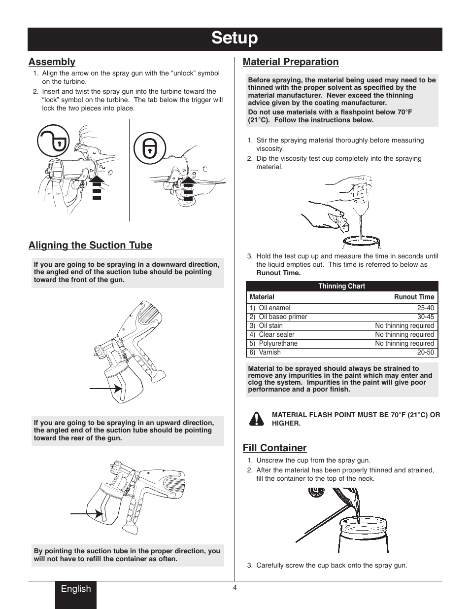 Setup, Material preparation, Fill container | Assembly, Aligning the suction tube | Wagner Control Spray User Manual | Page 4 / 10