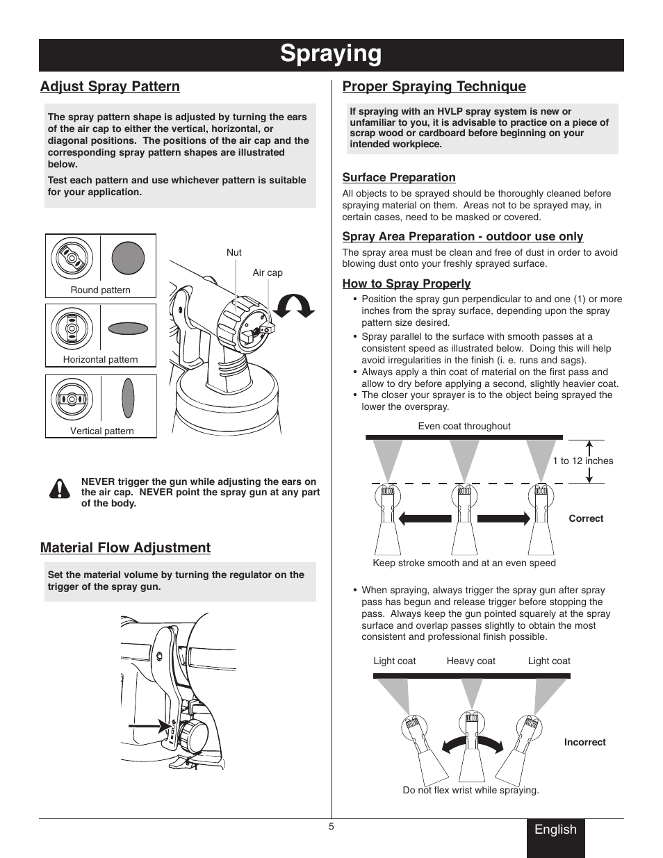 Spraying, Adjust spray pattern, Material flow adjustment | Proper spraying technique | Wagner Control Spray User Manual | Page 5 / 10