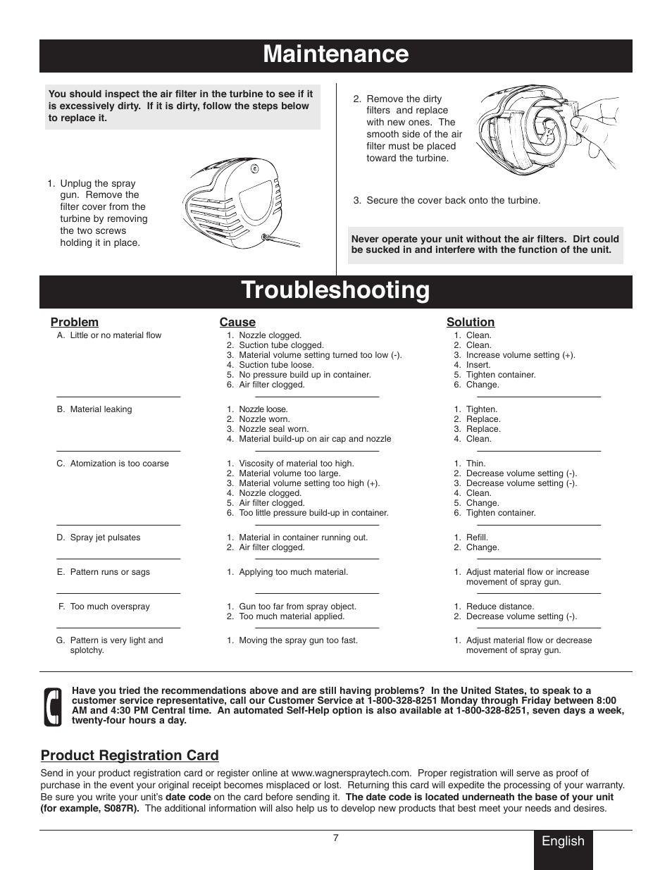 Maintenance, Troubleshooting, Maintenance troubleshooting registration card | Product registration card, English | Wagner Control Spray User Manual | Page 7 / 10