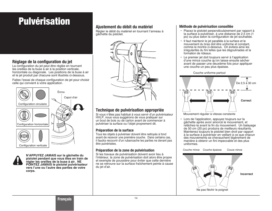 Pulvérisation, Réglage de la configuration du jet, Ajustement du débit du matériel | Technique de pulvérisation appropriée | Wagner Control Spray Double Duty User Manual | Page 14 / 28