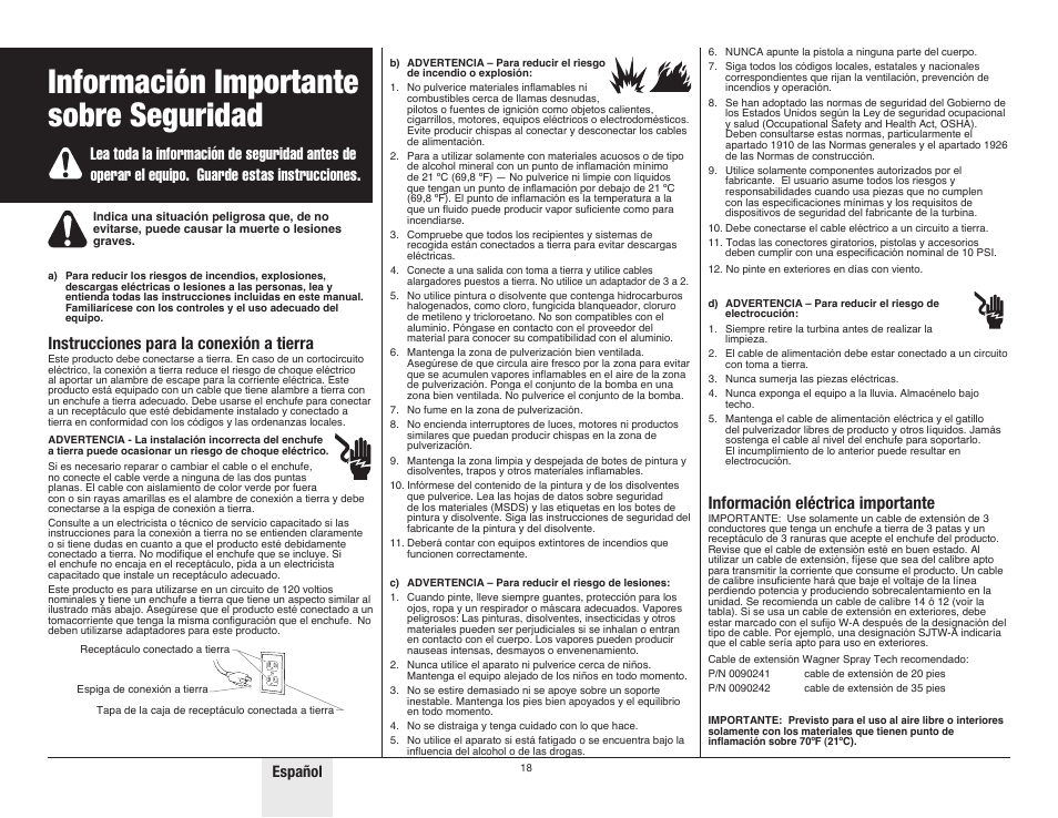 Safety, Información importante sobre seguridad, Instrucciones para la conexión a tierra | Información eléctrica importante, Español | Wagner Control Spray Double Duty User Manual | Page 18 / 28