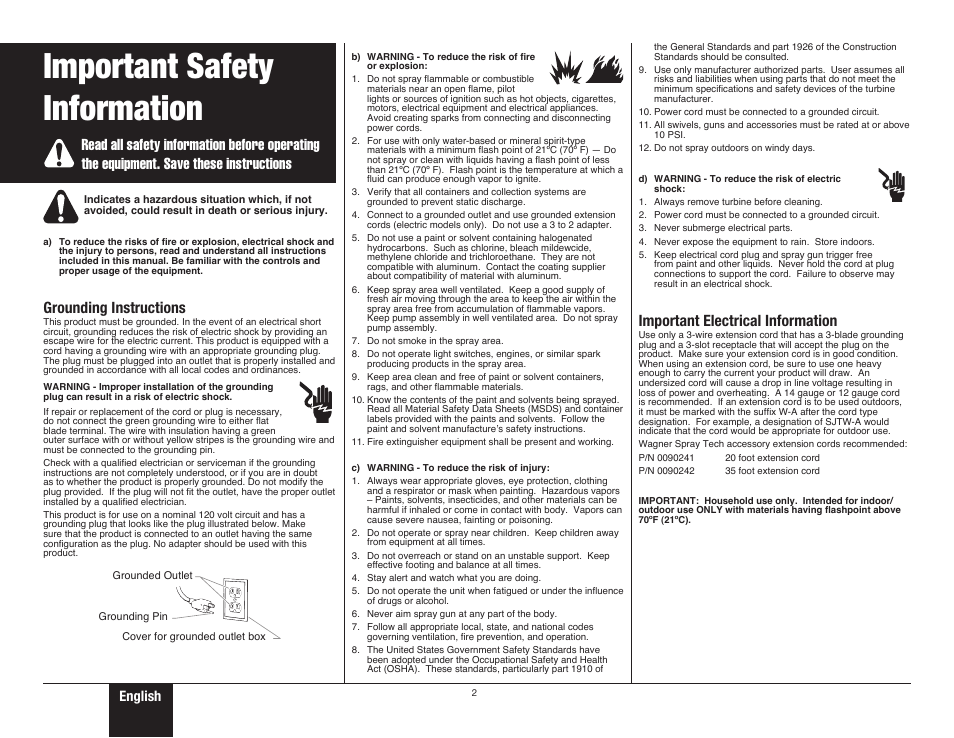 Safety, Safety important safety information, Grounding instructions | Important electrical information, English | Wagner Control Spray Double Duty User Manual | Page 2 / 28