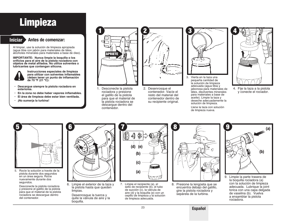 Limpieza, Iniciar, Antes de comenzar | Wagner Control Spray Double Duty User Manual | Page 23 / 28