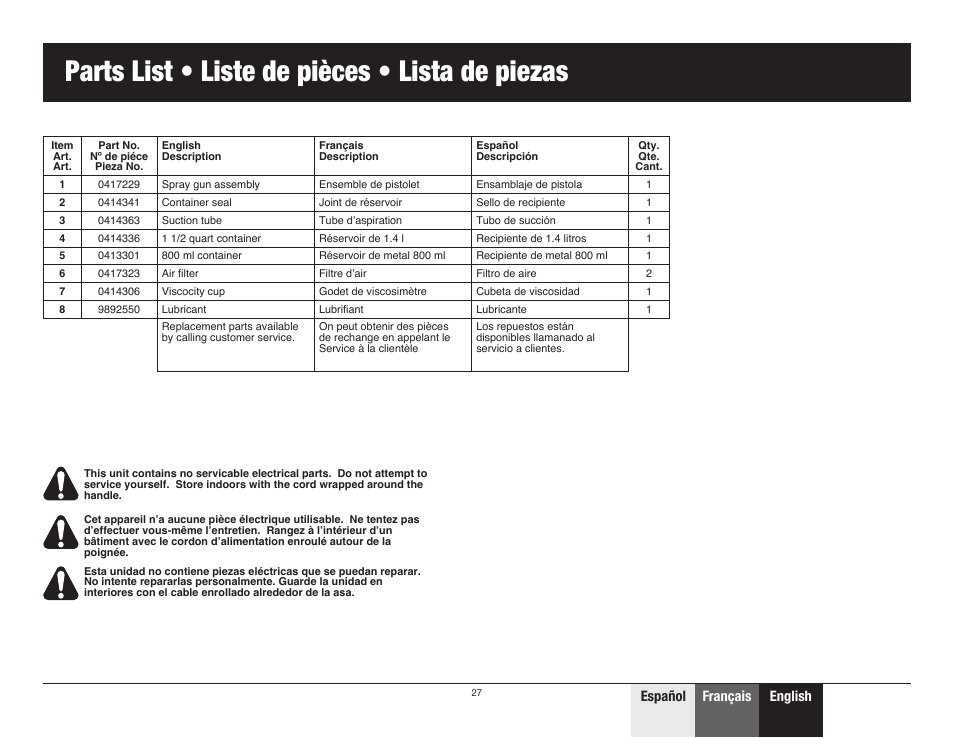 Parts list • liste de pièces • lista de piezas, English español français español | Wagner Control Spray Double Duty User Manual | Page 27 / 28