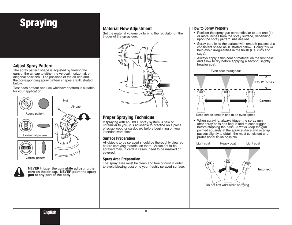 Spraying, Adjust spray pattern, Material flow adjustment | Proper spraying technique | Wagner Control Spray Double Duty User Manual | Page 6 / 28