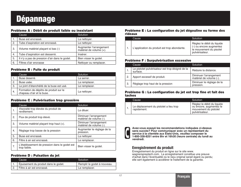 Dépannage, Enregistrement du produit | Wagner Control Spray Max User Manual | Page 17 / 28