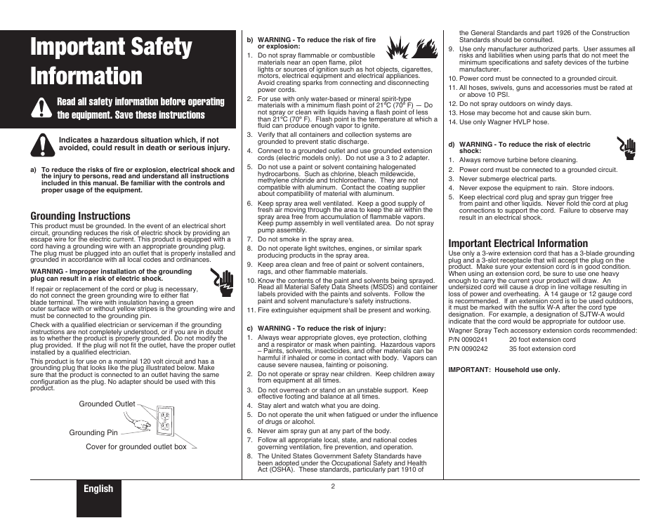 Safety, Safety important safety information, Grounding instructions | Important electrical information, English | Wagner Control Spray Max User Manual | Page 2 / 28