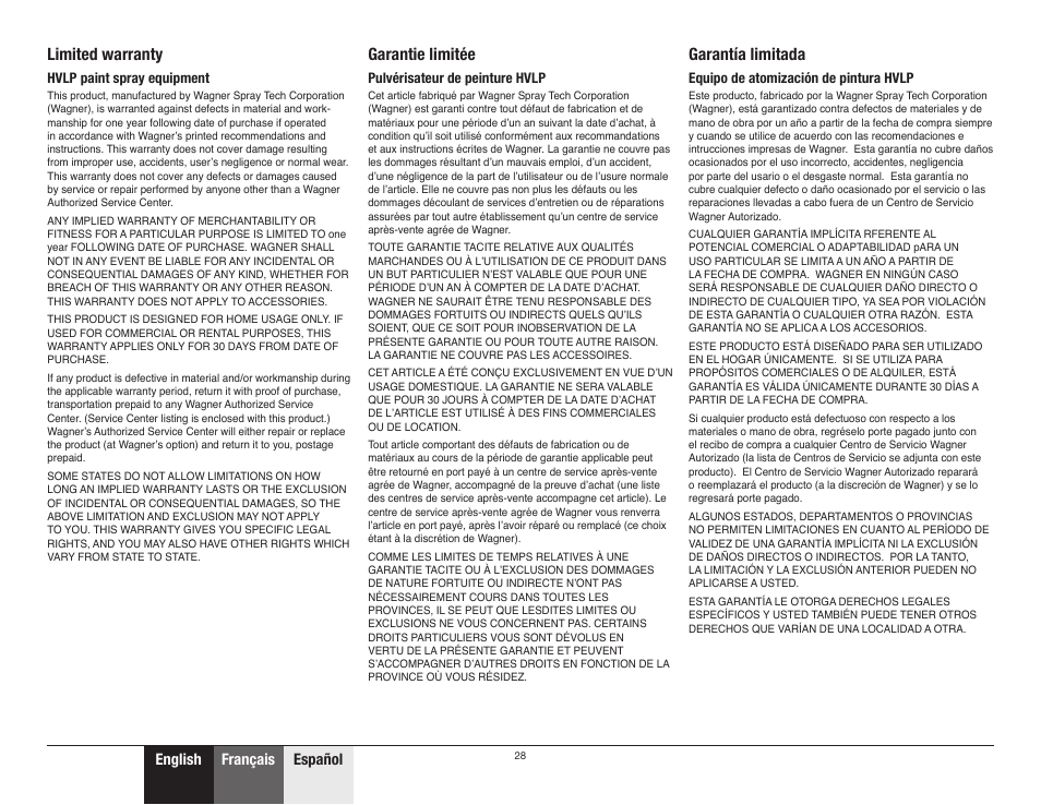 Limited warranty, Garantie limitée, Garantía limitada | English français español | Wagner Control Spray Max User Manual | Page 28 / 28