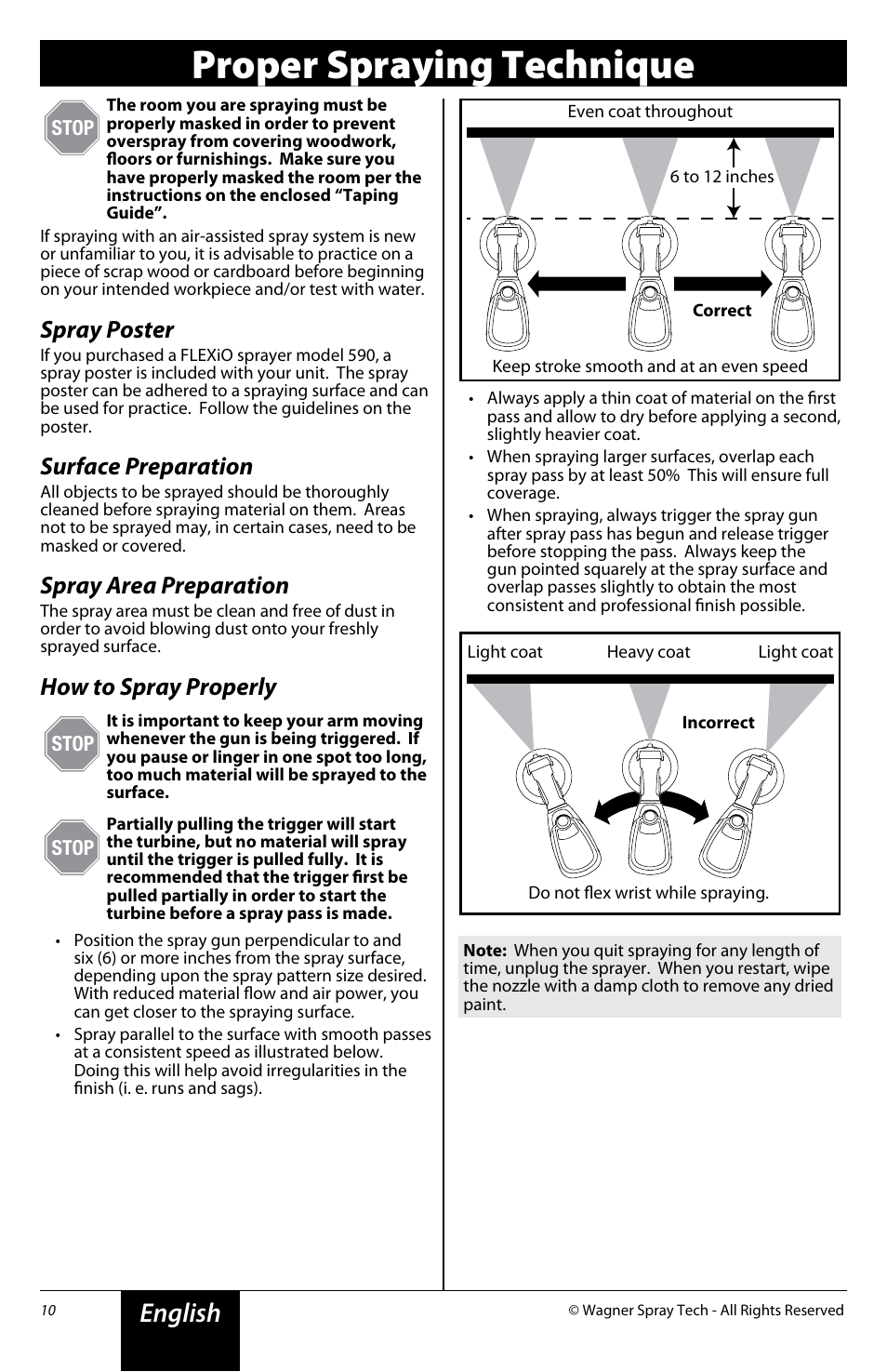 Proper spraying technique, English, Spray poster | Surface preparation, Spray area preparation, How to spray properly | Wagner FLEXiO 590 Sprayer User Manual | Page 10 / 21