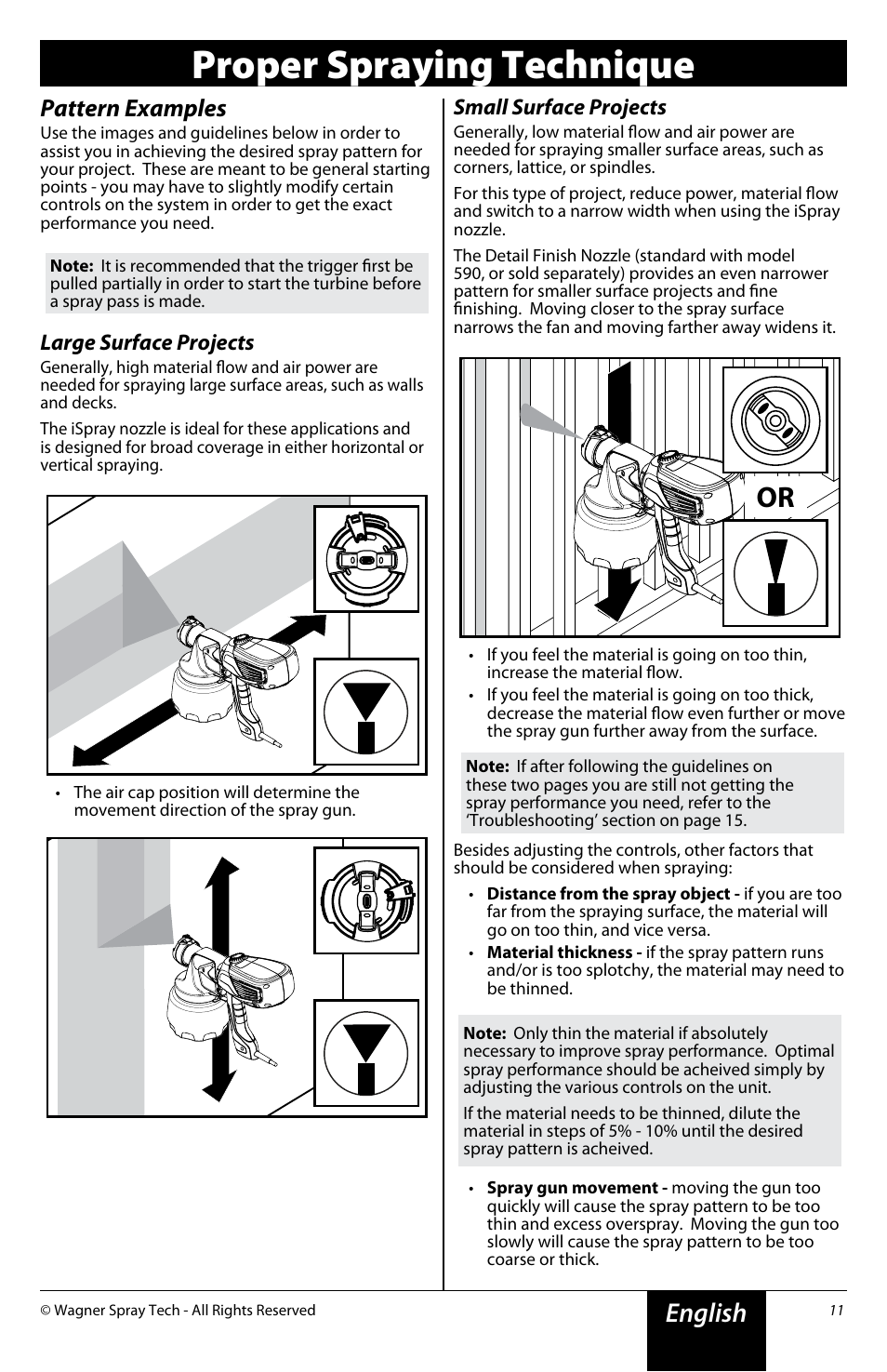 Proper spraying technique, English, Pattern examples | Large surface projects, Small surface projects | Wagner FLEXiO 590 Sprayer User Manual | Page 11 / 21