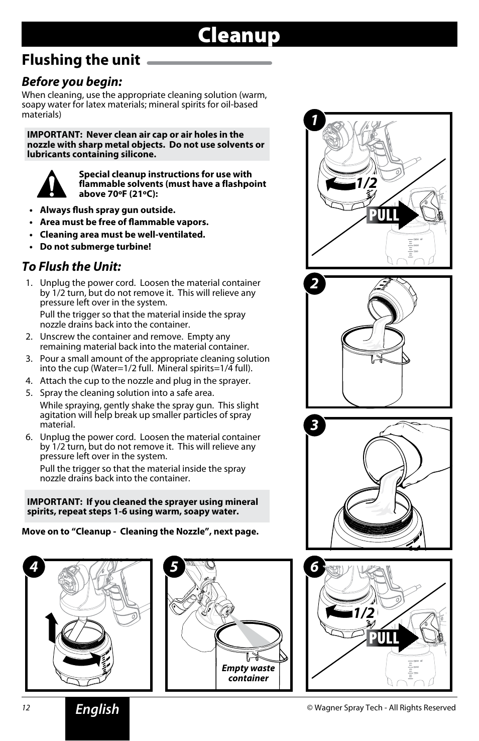 Cleanup, Pull, Flushing the unit | English | Wagner FLEXiO 590 Sprayer User Manual | Page 12 / 21