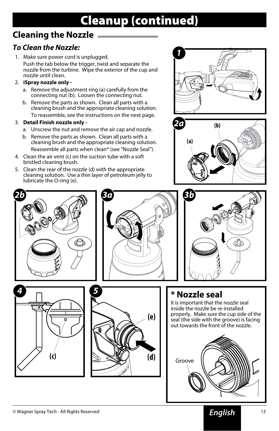 Cleanup (continued), Cleaning the nozzle, 2a 1 * nozzle seal | English, D) (e) | Wagner FLEXiO 590 Sprayer User Manual | Page 13 / 21