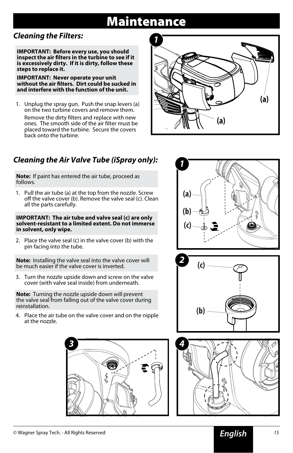 Maintenance, English, A) (b) (c) (c) (b) (a) (a) | Cleaning the filters, Cleaning the air valve tube (ispray only) | Wagner FLEXiO 590 Sprayer User Manual | Page 15 / 21