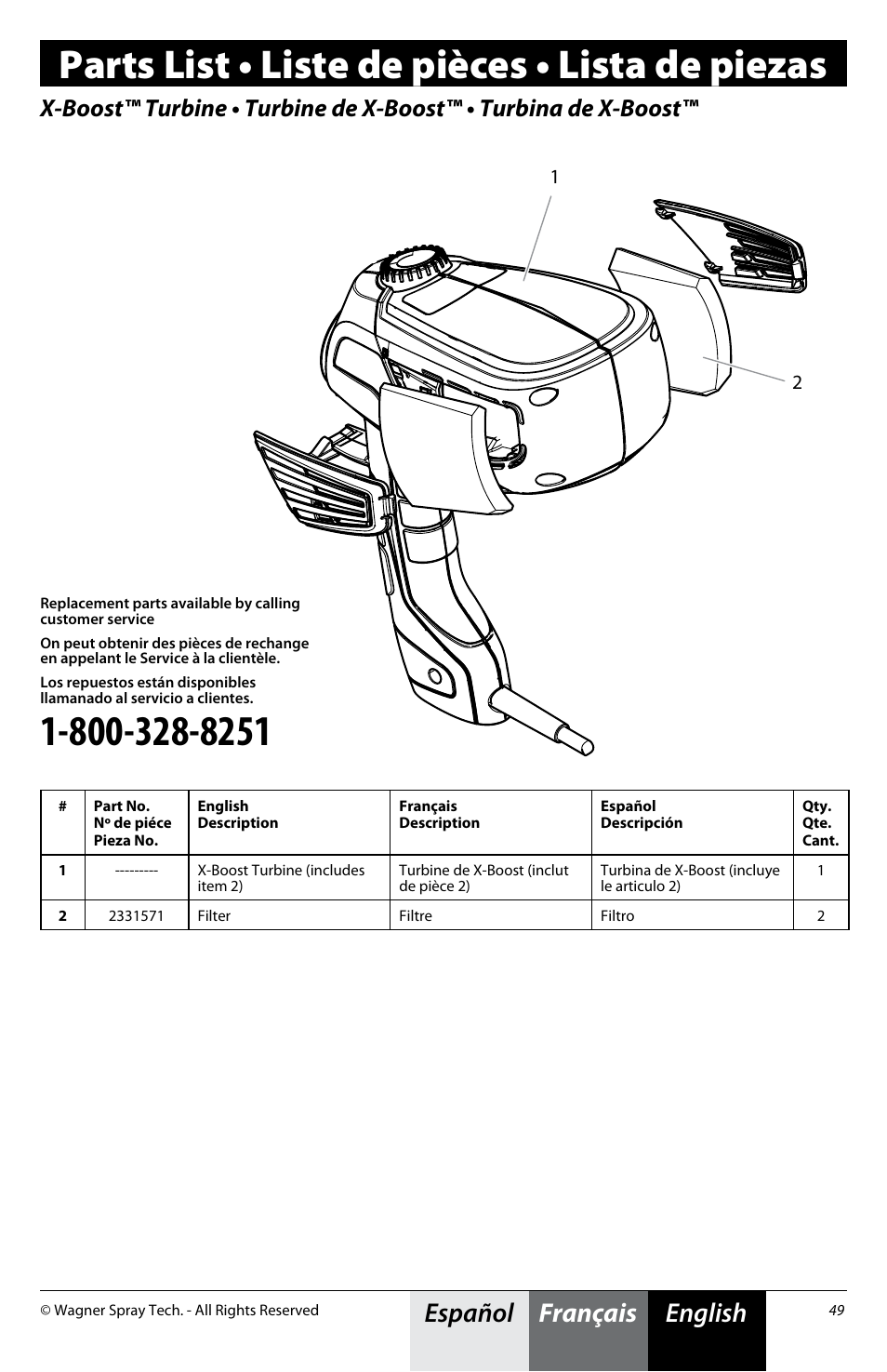 Parts list • liste de pièces • lista de piezas, English, English français español | Wagner FLEXiO 590 Sprayer User Manual | Page 17 / 21