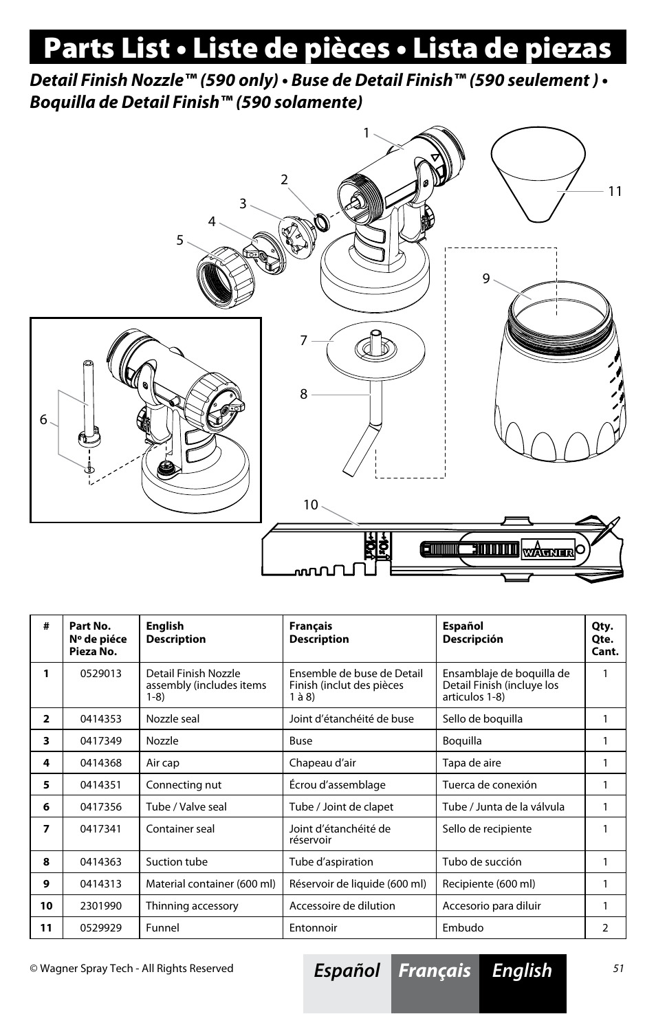 Parts list • liste de pièces • lista de piezas, English français español | Wagner FLEXiO 590 Sprayer User Manual | Page 19 / 21