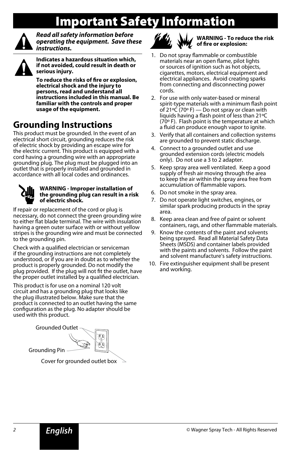 Important safety information, Grounding instructions, English | Wagner FLEXiO 590 Sprayer User Manual | Page 2 / 21