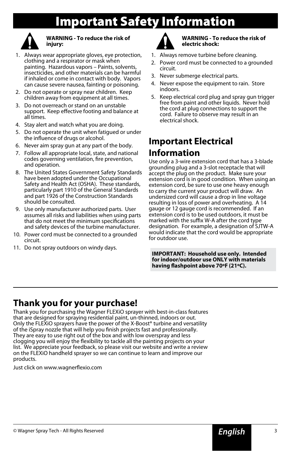 Important safety information, Important electrical information, English | Wagner FLEXiO 590 Sprayer User Manual | Page 3 / 21