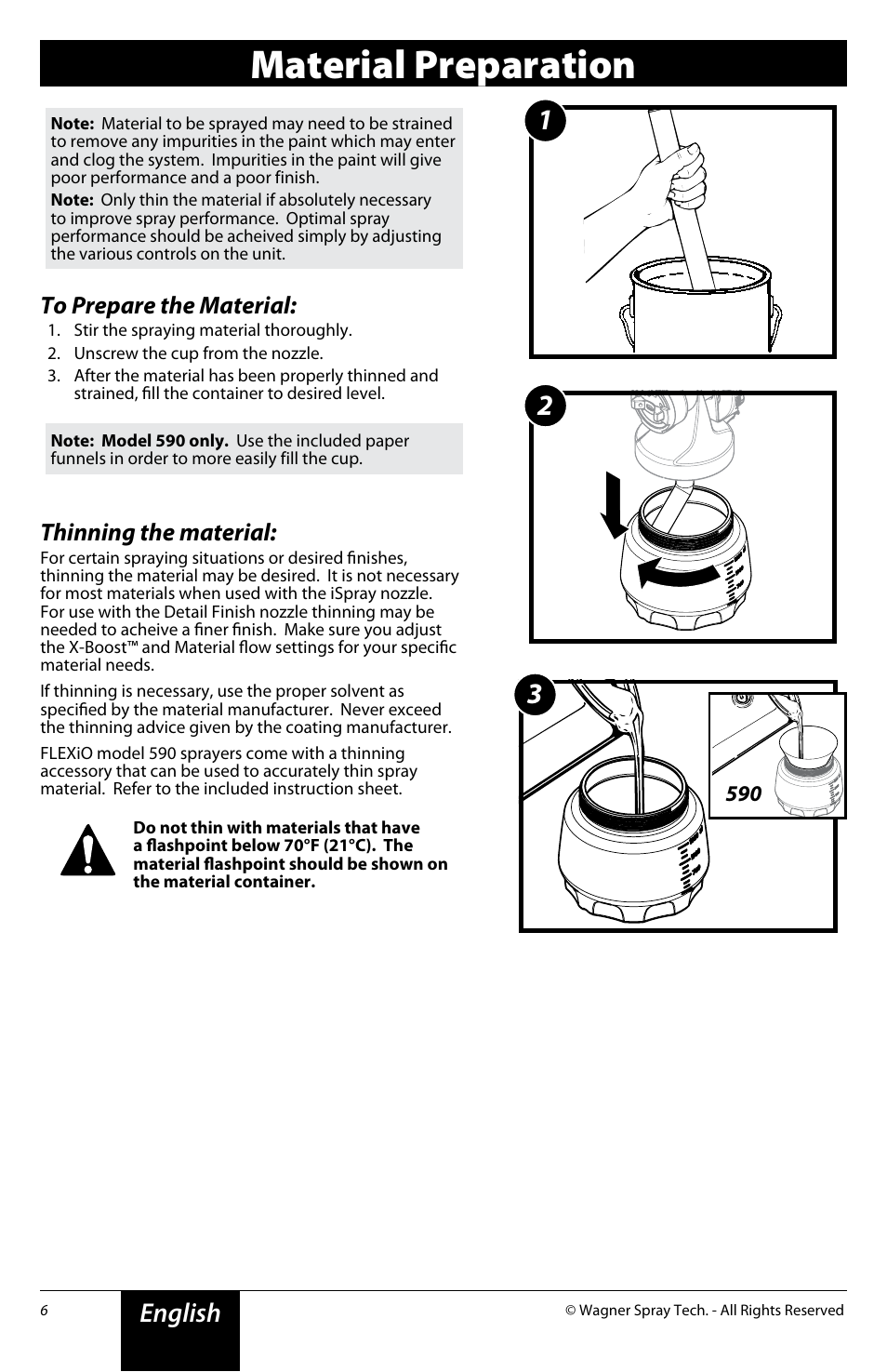 Material preparation, English, Thinning the material | Wagner FLEXiO 590 Sprayer User Manual | Page 6 / 21