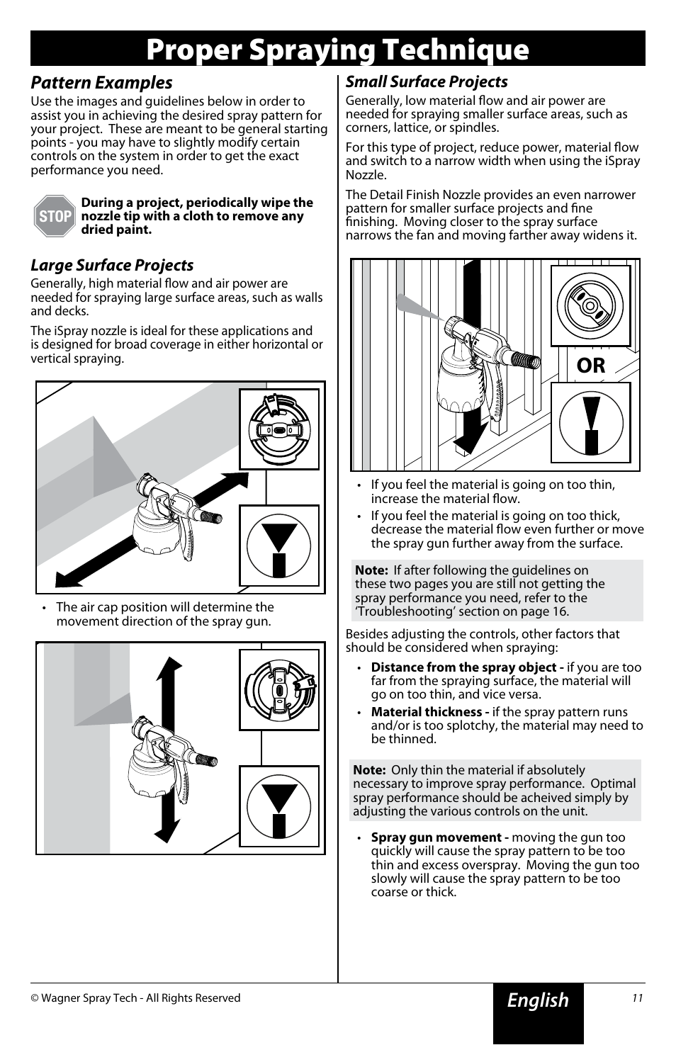 Proper spraying technique, English, Pattern examples | Large surface projects, Small surface projects | Wagner Flexio 690 Sprayer User Manual | Page 11 / 20