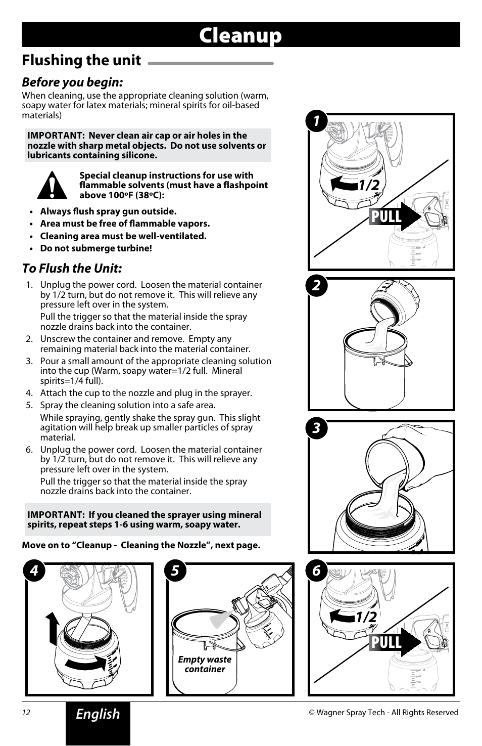 Cleanup, Pull, Flushing the unit | English, Before you begin | Wagner Flexio 690 Sprayer User Manual | Page 12 / 20