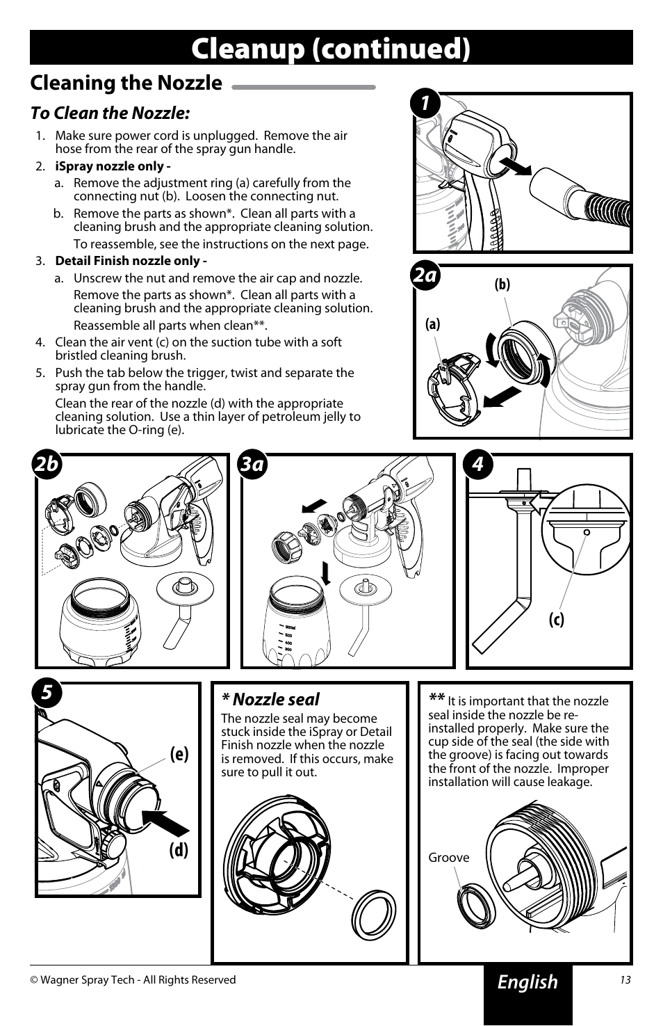 Cleanup (continued), Cleaning the nozzle, 2a 1 | 2b 4 5 3a, English, D) (e), Nozzle seal | Wagner Flexio 690 Sprayer User Manual | Page 13 / 20