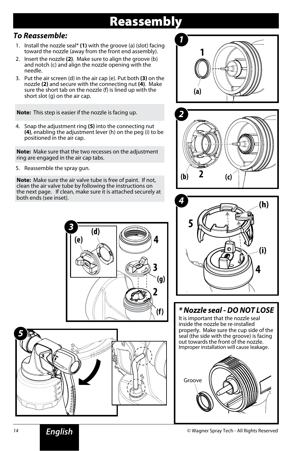 Reassembly, English, I) (h) | D) (e) | Wagner Flexio 690 Sprayer User Manual | Page 14 / 20