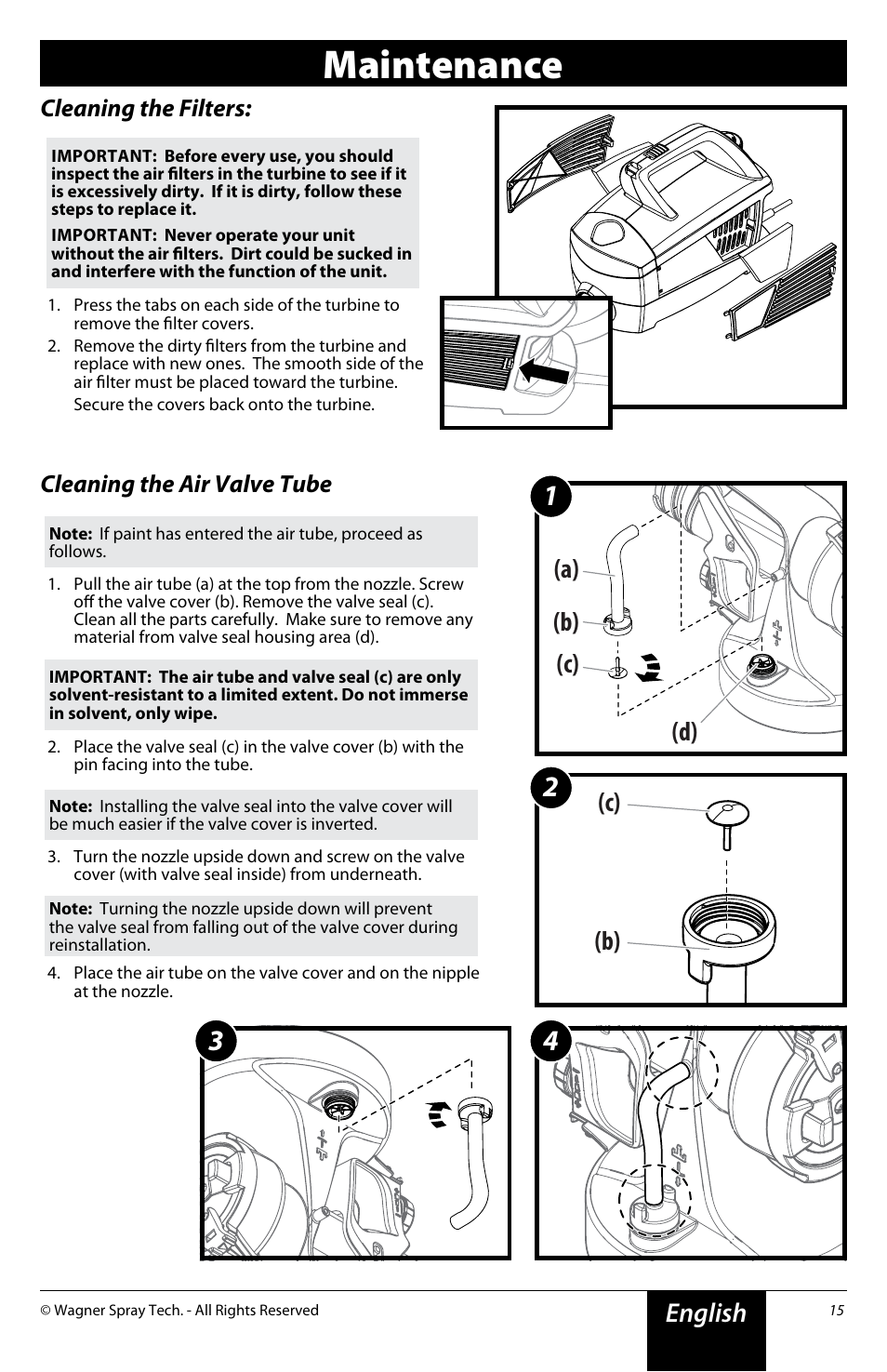 Maintenance, English, A) (b) (c) (d) (c) (b) | Cleaning the filters, Cleaning the air valve tube | Wagner Flexio 690 Sprayer User Manual | Page 15 / 20