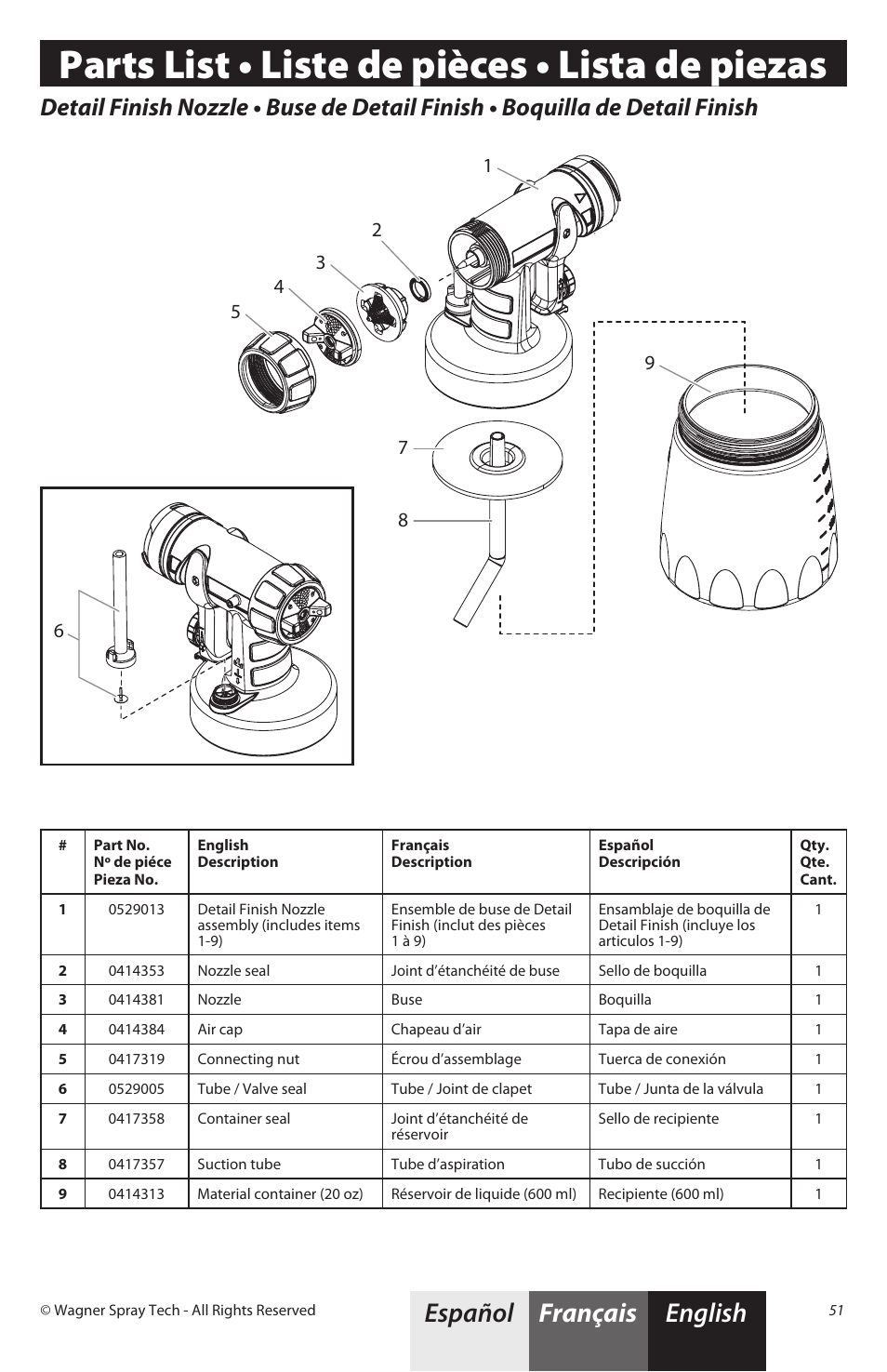 Parts list • liste de pièces • lista de piezas, English français español | Wagner Flexio 690 Sprayer User Manual | Page 19 / 20