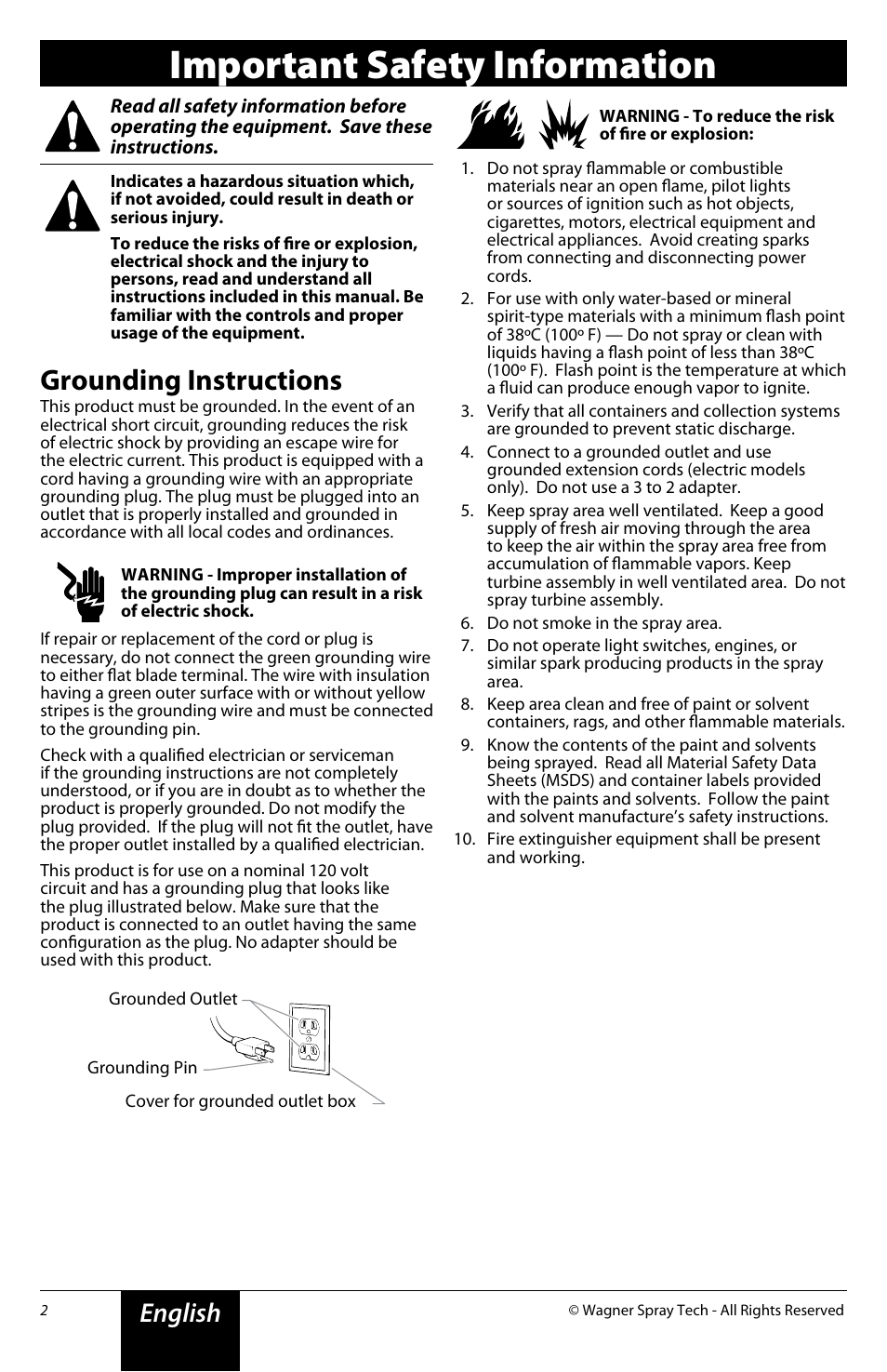 Important safety information, Grounding instructions, English | Wagner Flexio 690 Sprayer User Manual | Page 2 / 20