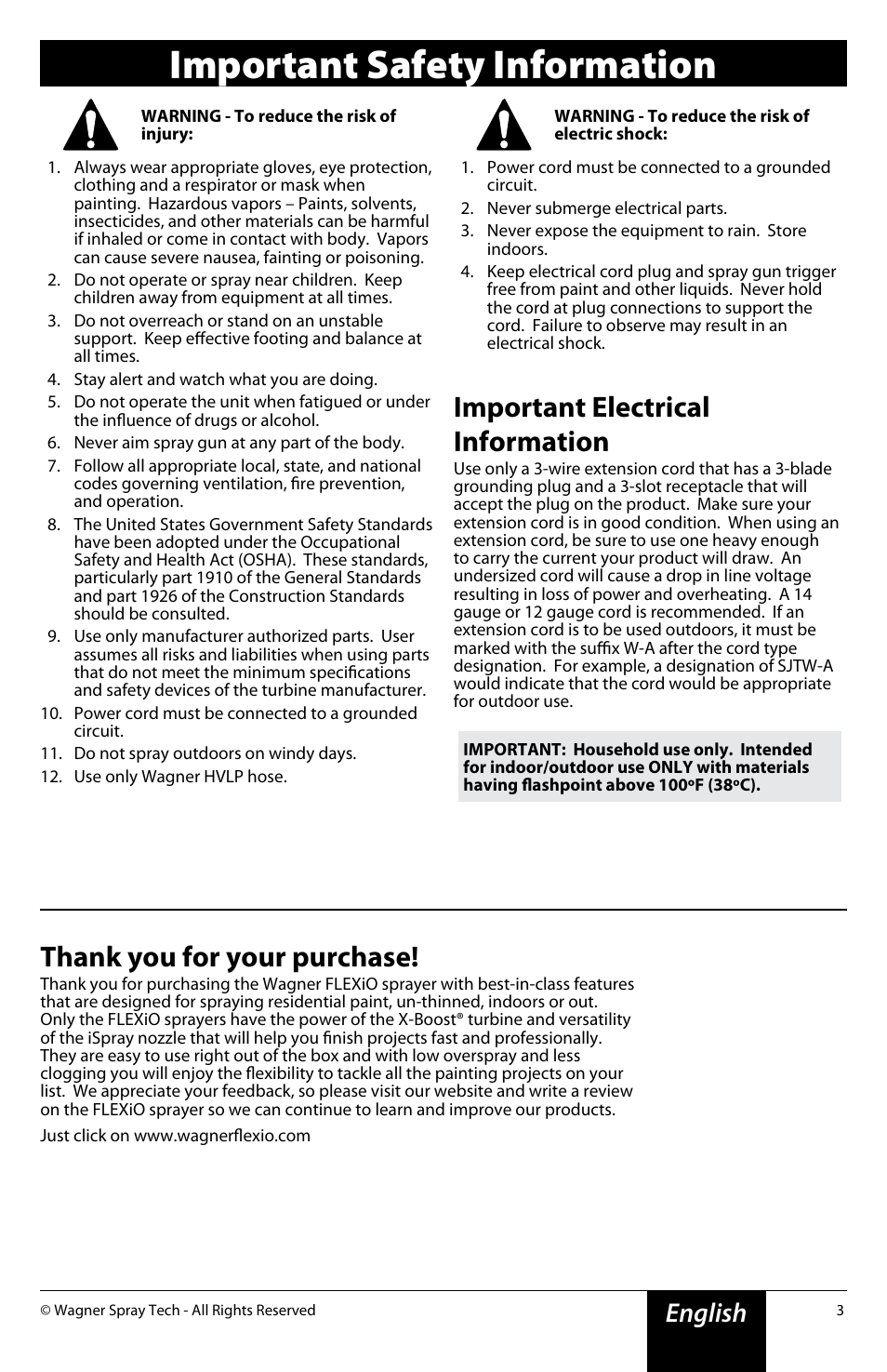 Important safety information, Important electrical information, English | Wagner Flexio 690 Sprayer User Manual | Page 3 / 20