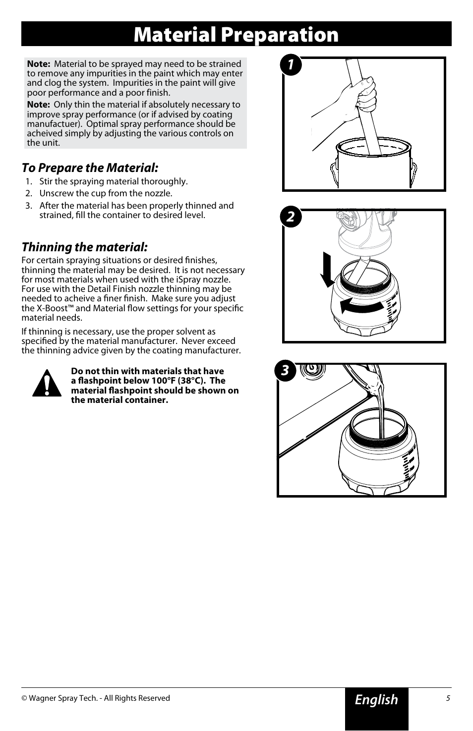 Material preparation, English, Thinning the material | Wagner Flexio 690 Sprayer User Manual | Page 5 / 20