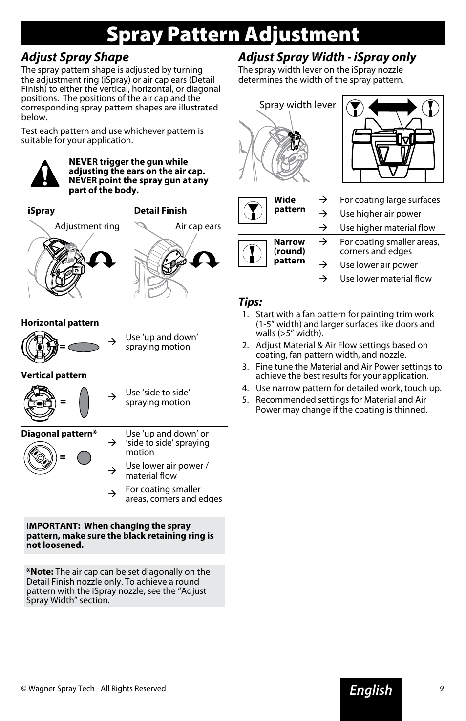 Spray pattern adjustment, English, Adjust spray shape | Adjust spray width - ispray only, Tips | Wagner Flexio 690 Sprayer User Manual | Page 9 / 20