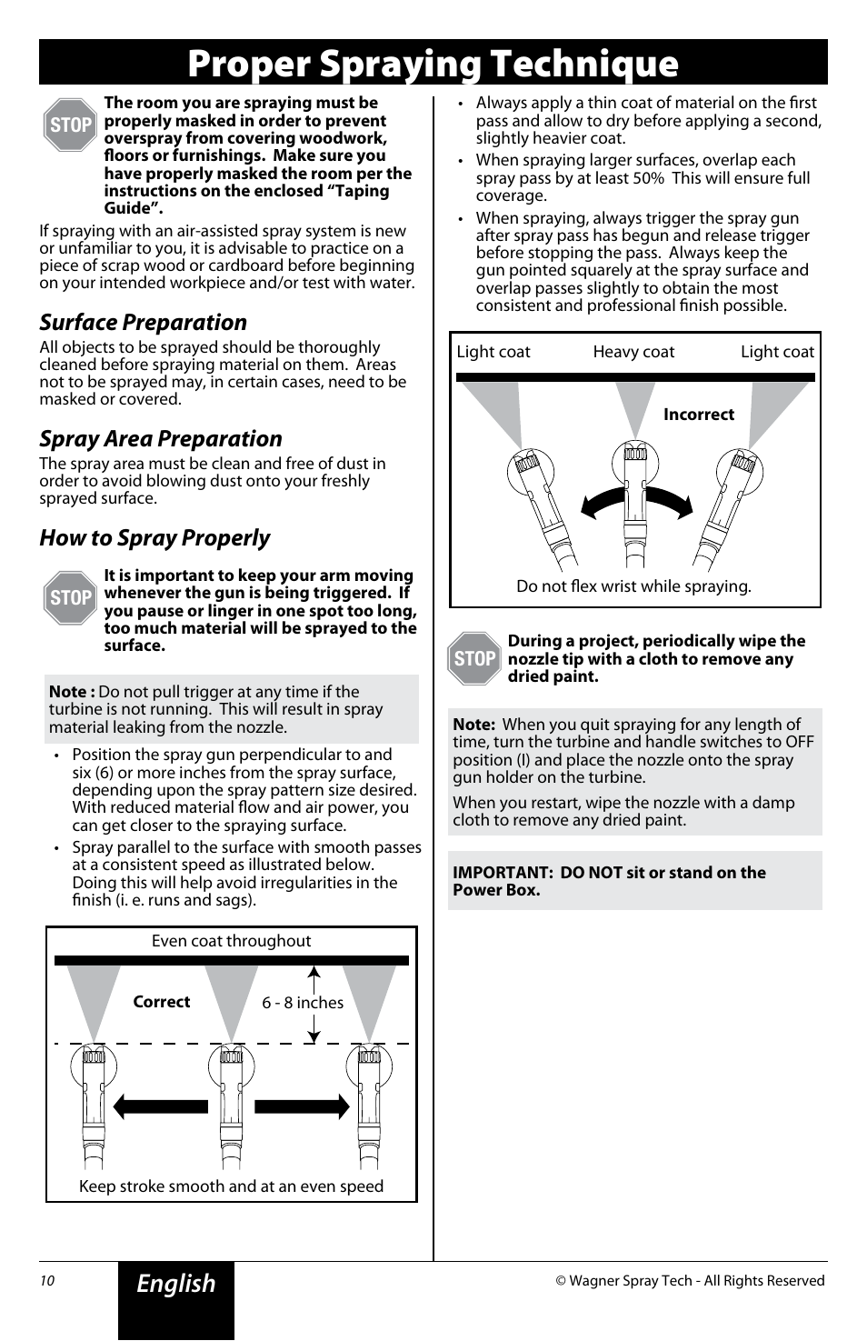 Proper spraying technique, English, Surface preparation | Spray area preparation, How to spray properly | Wagner Flexio 890 Sprayer User Manual | Page 10 / 20