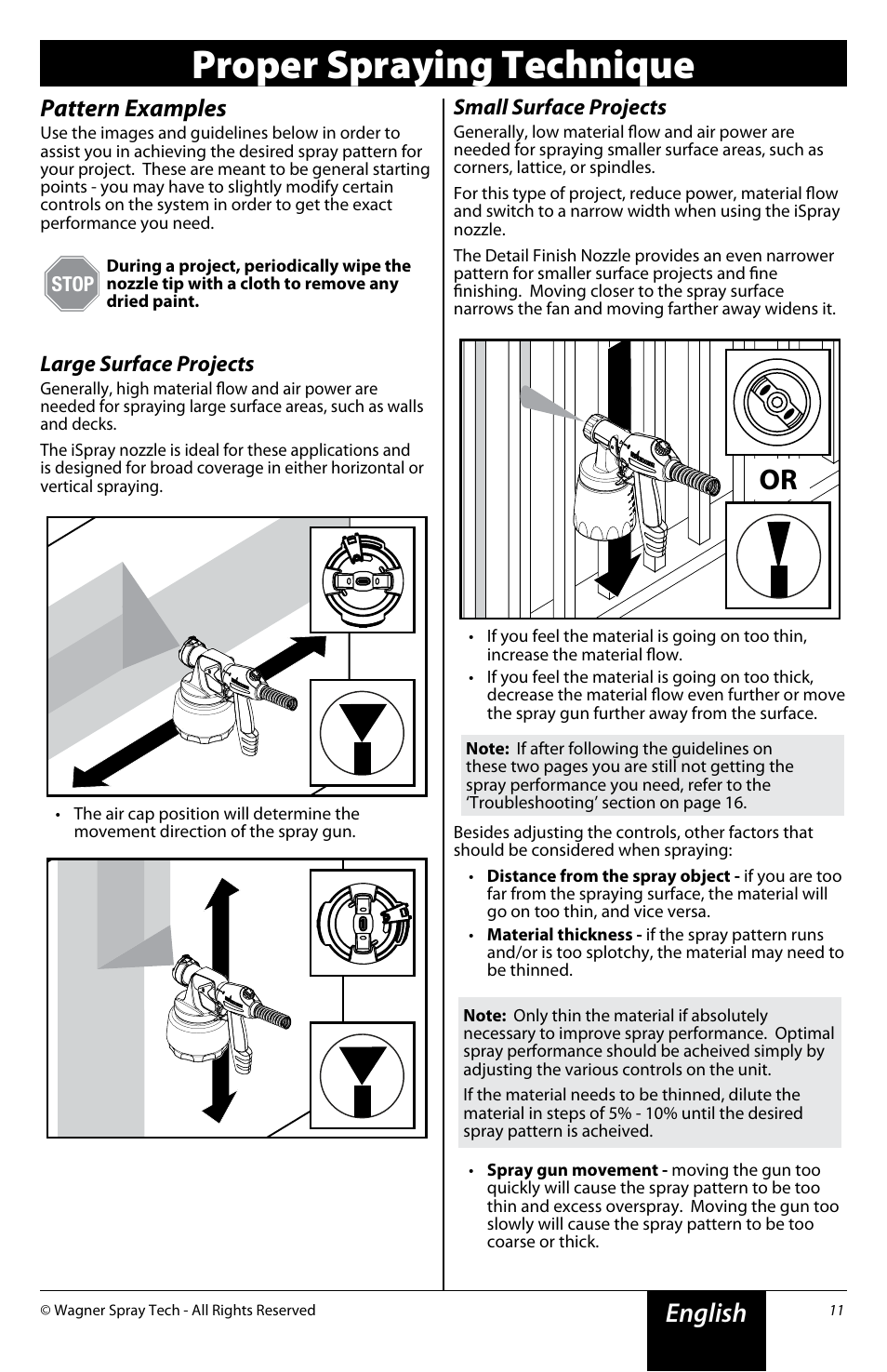 Proper spraying technique, English, Pattern examples | Large surface projects, Small surface projects | Wagner Flexio 890 Sprayer User Manual | Page 11 / 20