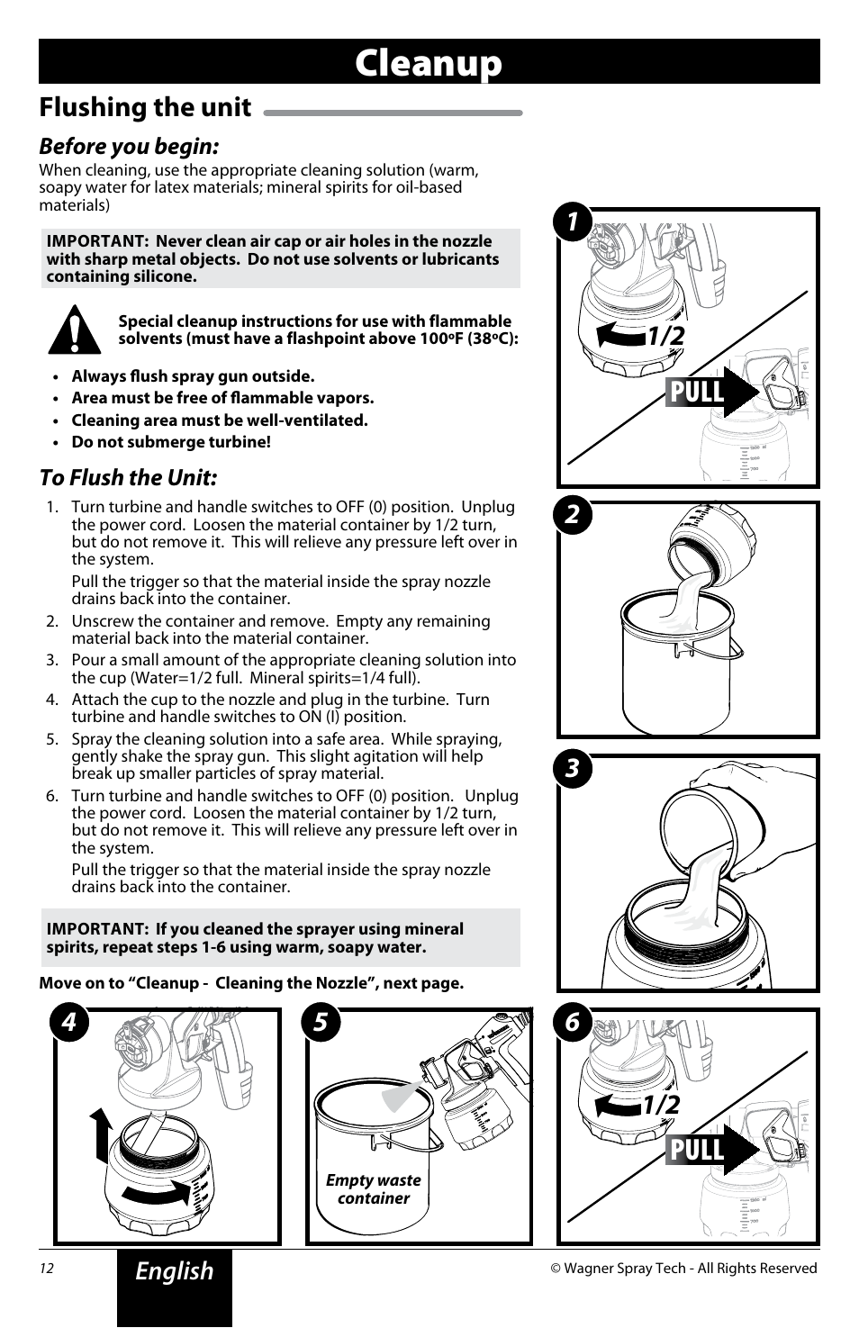 Cleanup, Pull, Flushing the unit | English, Before you begin | Wagner Flexio 890 Sprayer User Manual | Page 12 / 20