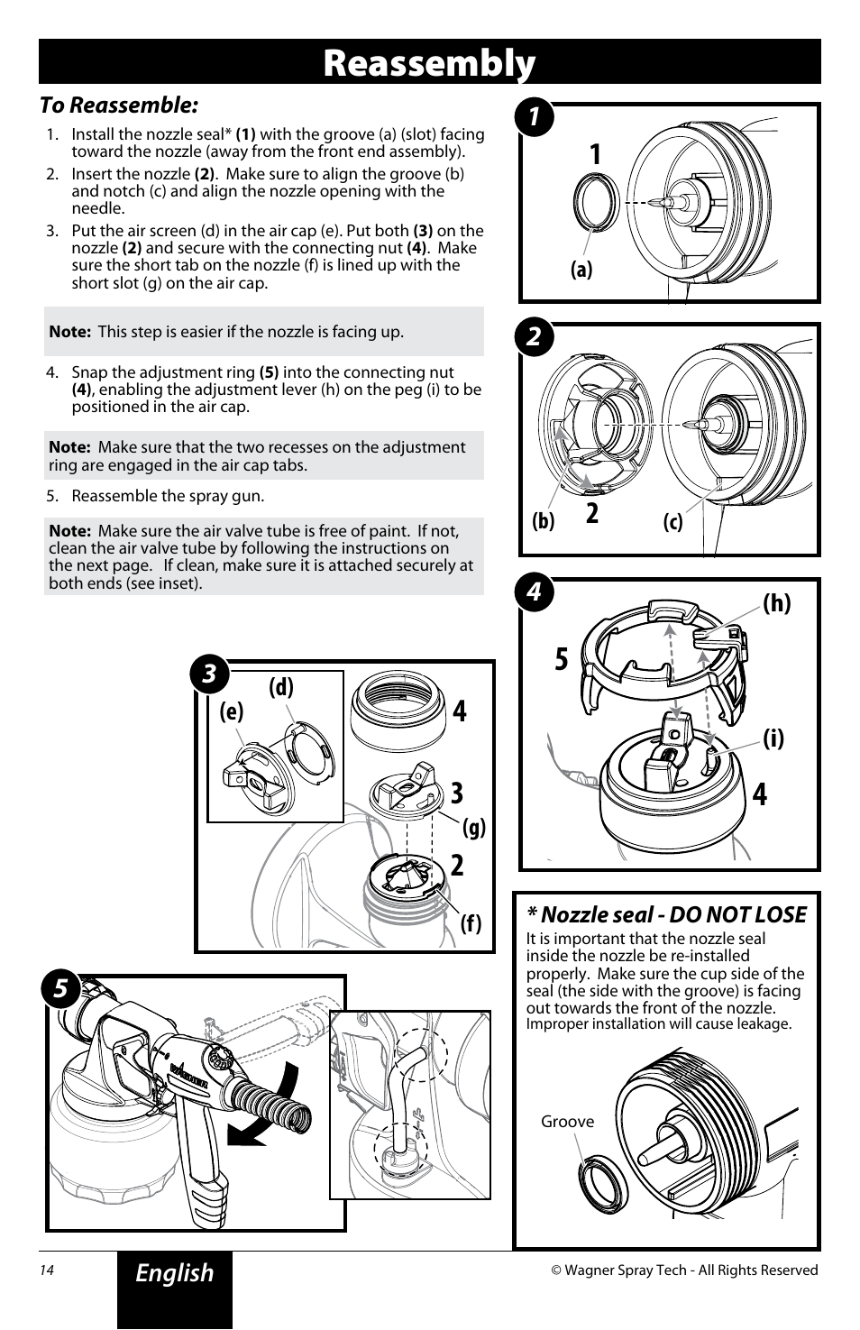 Reassembly, English, I) (h) | D) (e) | Wagner Flexio 890 Sprayer User Manual | Page 14 / 20