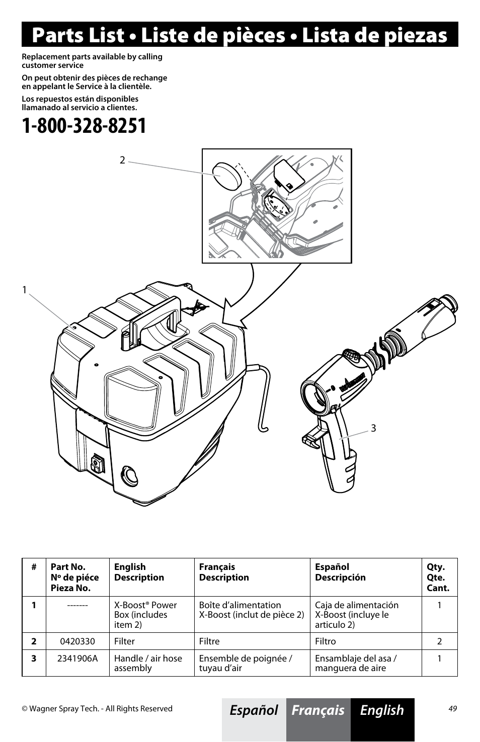 Parts list • liste de pièces • lista de piezas, English, English français español | Wagner Flexio 890 Sprayer User Manual | Page 17 / 20