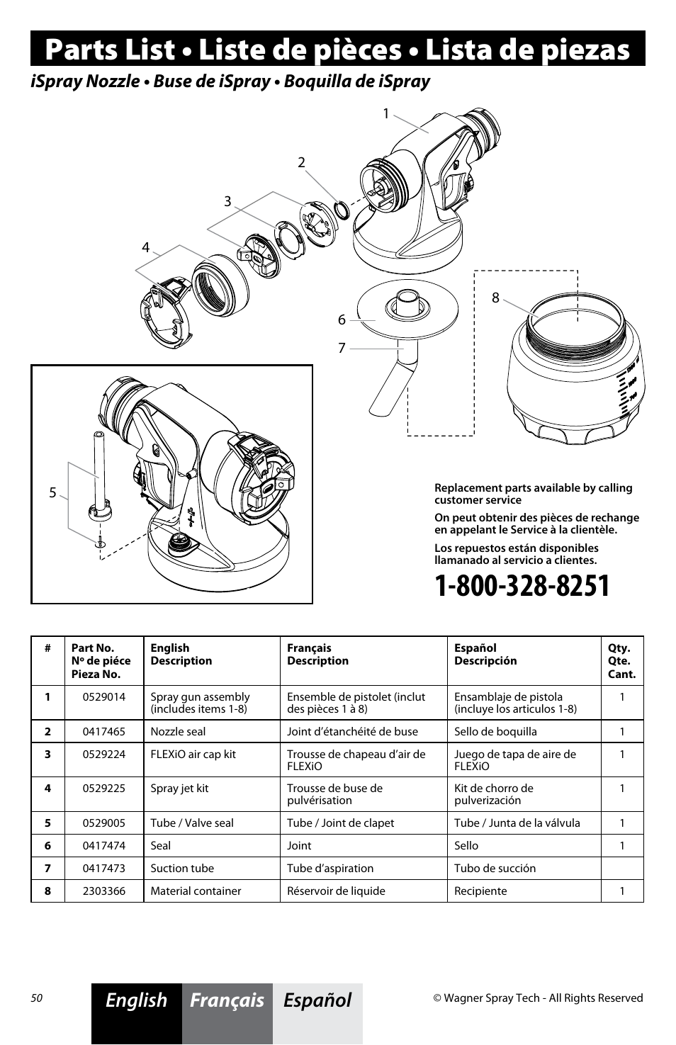 Parts list • liste de pièces • lista de piezas, Español français english | Wagner Flexio 890 Sprayer User Manual | Page 18 / 20